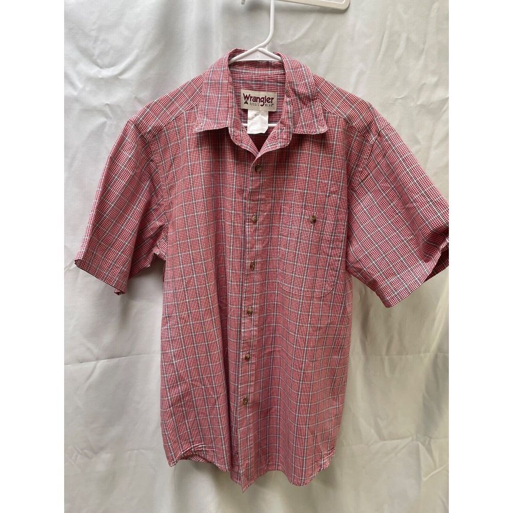 Wrangler Rugged Wear Shirt Mens Large Red Blue Tartan Plaid Short Sleeve Western